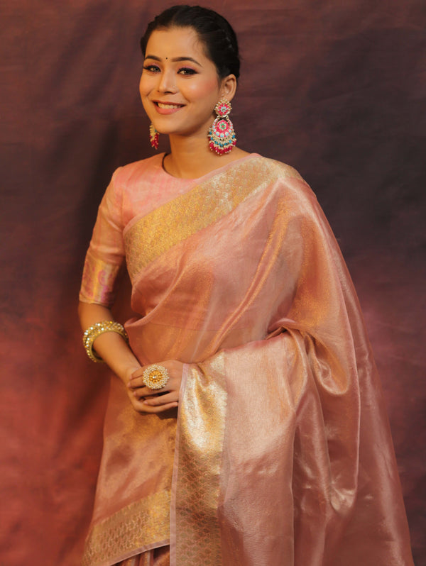 Banarasee Handwoven Plain Tissue Saree With Zari Border-Pink