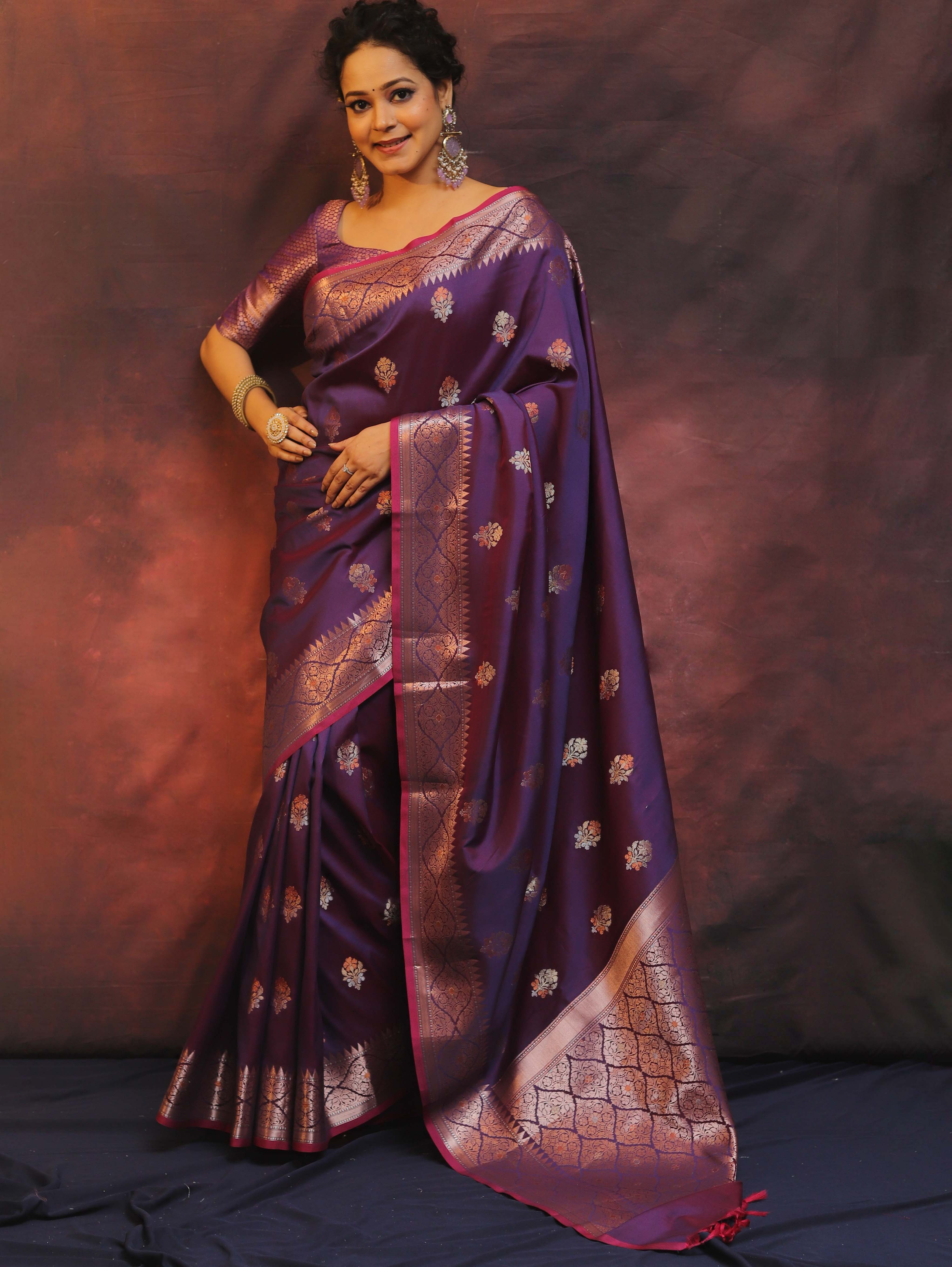 Banarasee Handwoven Semi Silk Saree With Zari Buti Design-Violet (Dual Tone)