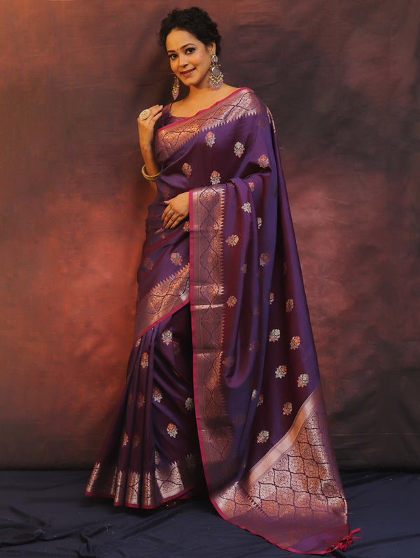 Banarasee Handwoven Semi Silk Saree With Zari Buti Design-Violet (Dual Tone)