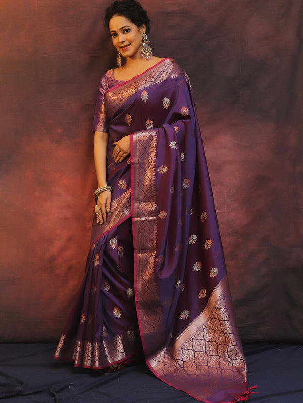 Banarasee Handwoven Semi Silk Saree With Zari Buti Design-Violet (Dual Tone)