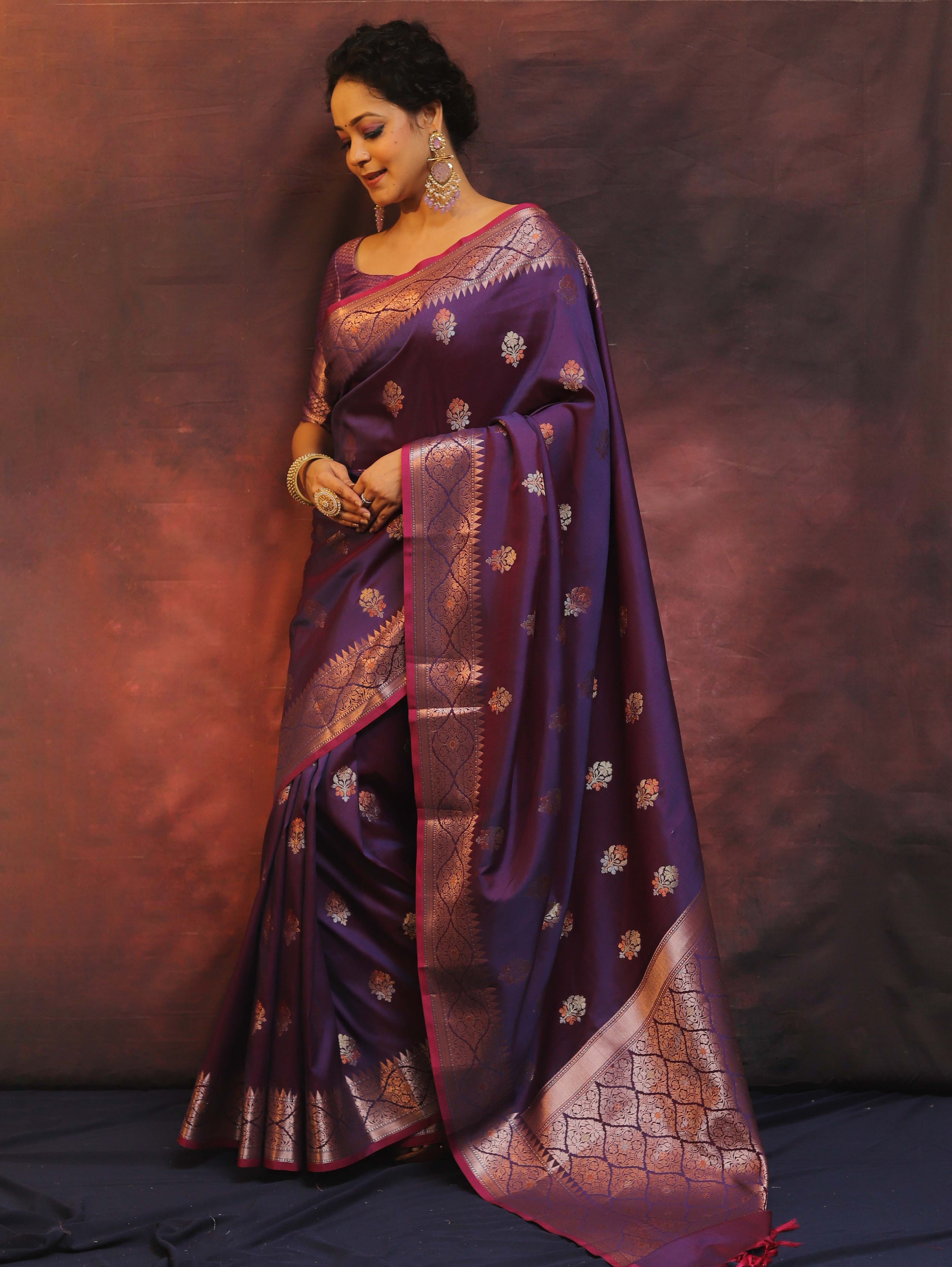 Banarasee Handwoven Semi Silk Saree With Zari Buti Design-Violet (Dual Tone)