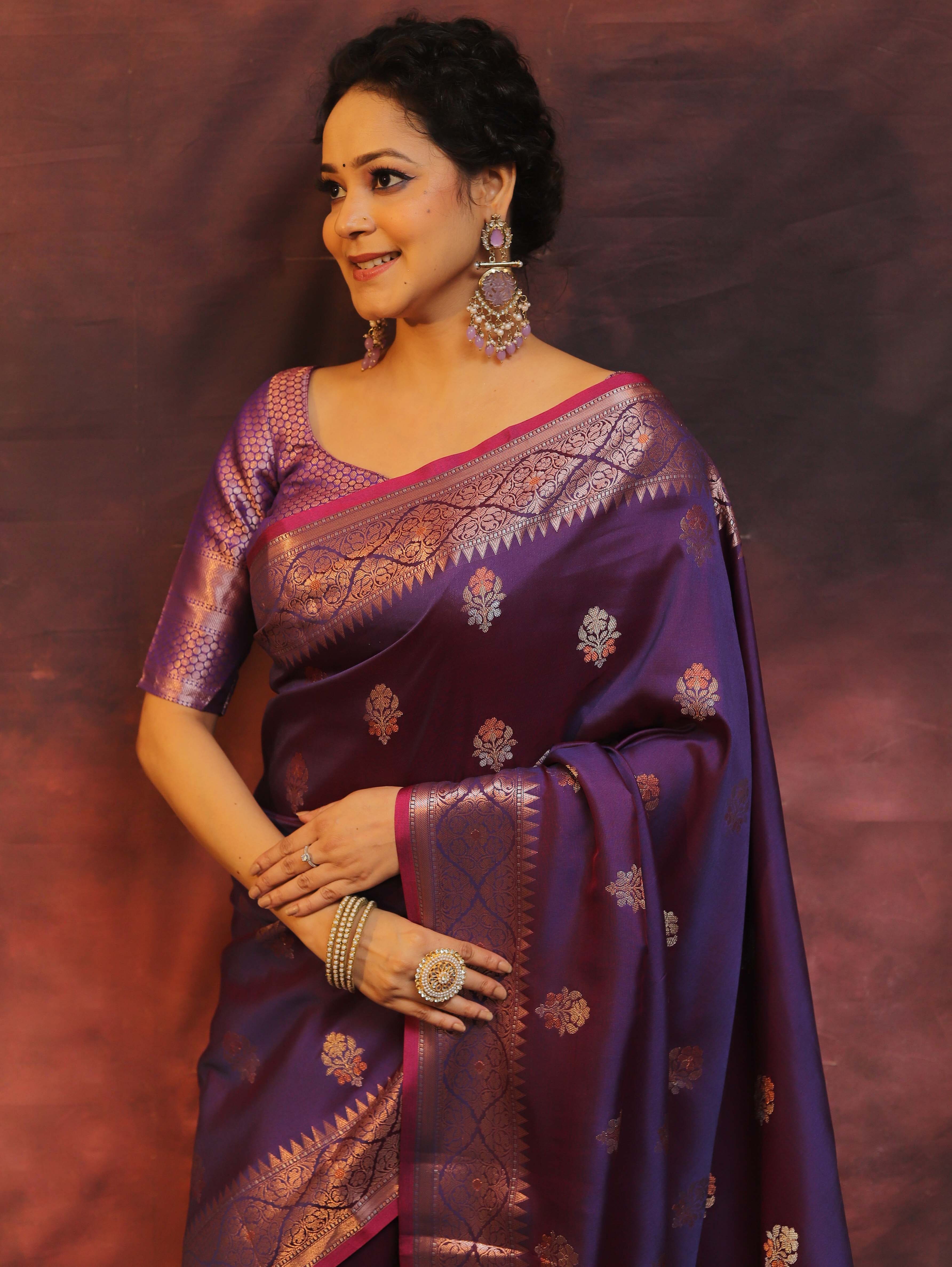 Banarasee Handwoven Semi Silk Saree With Zari Buti Design-Violet (Dual Tone)