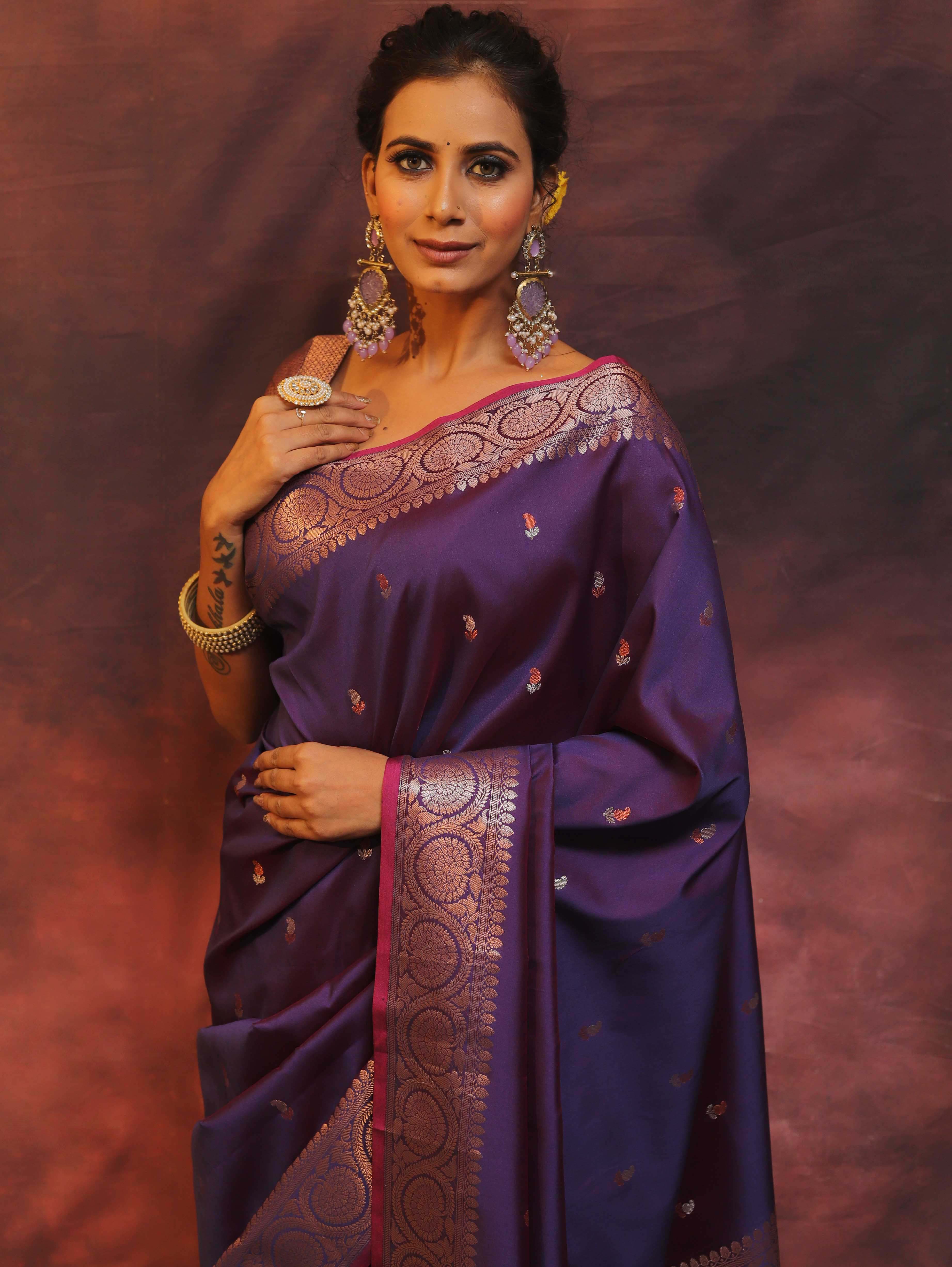 Banarasee Handwoven Semi Silk Saree With Zari Buti Design-Violet (Dual Tone)