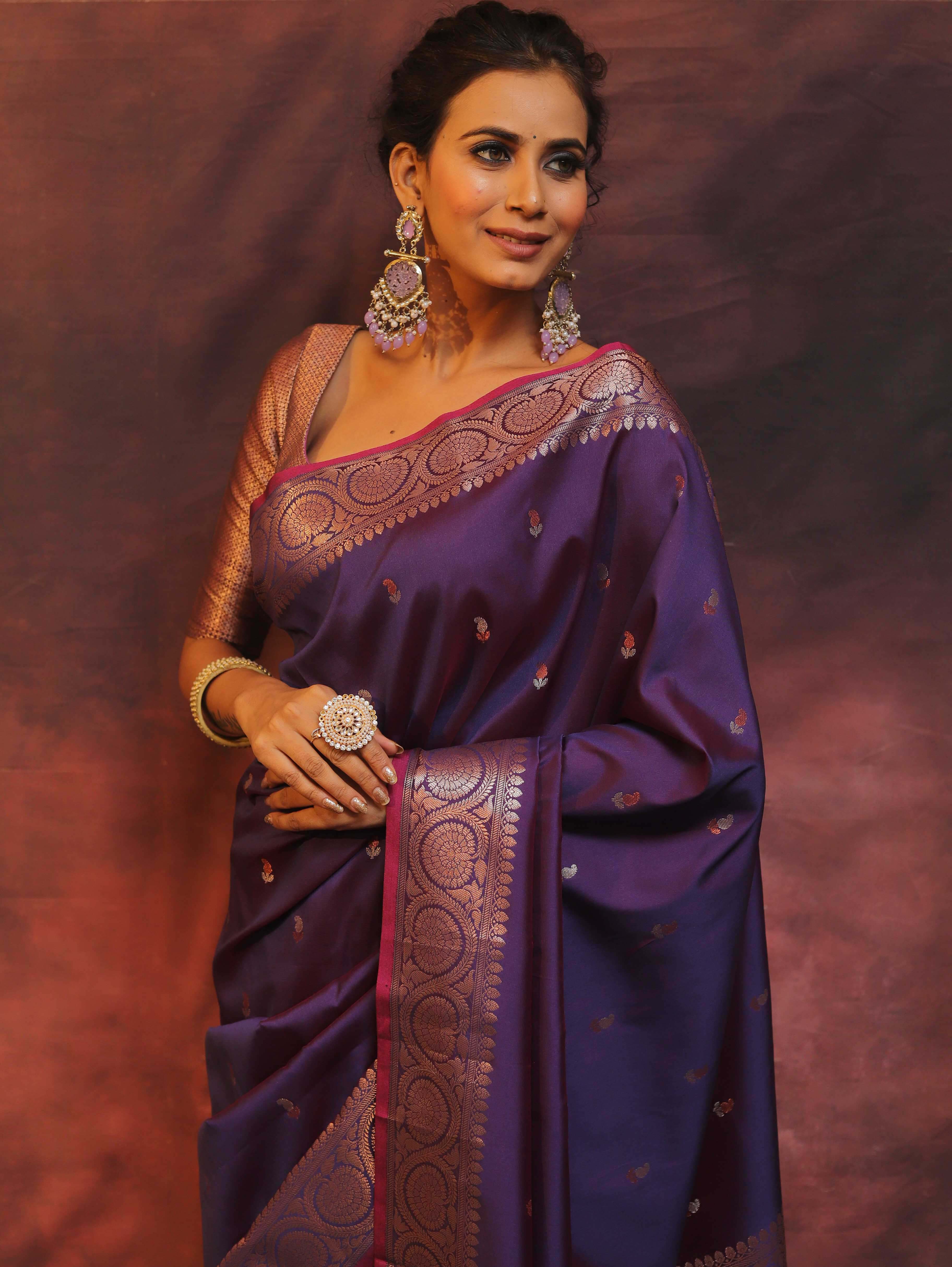 Banarasee Handwoven Semi Silk Saree With Zari Buti Design-Violet (Dual Tone)