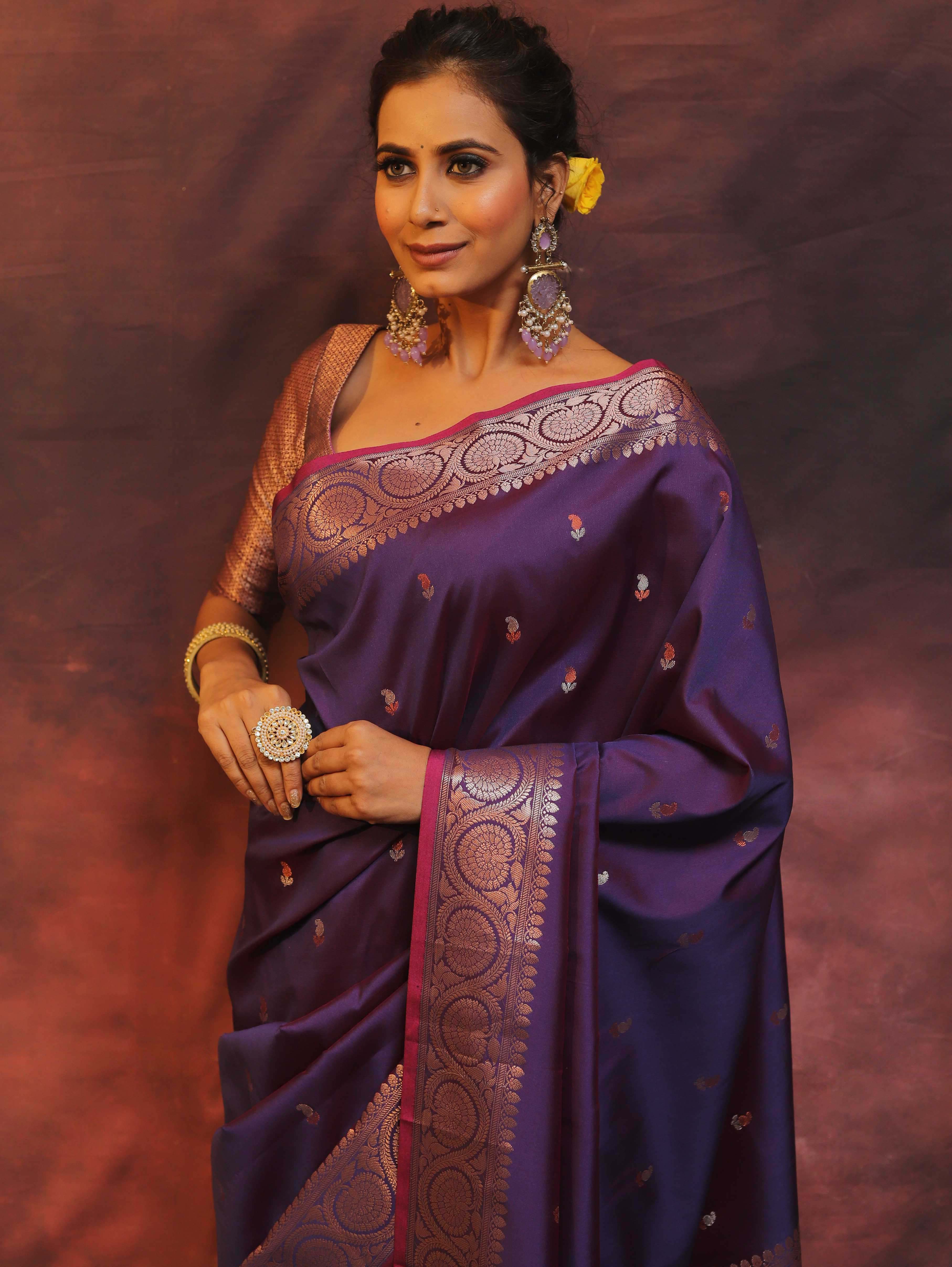 Banarasee Handwoven Semi Silk Saree With Zari Buti Design-Violet (Dual Tone)