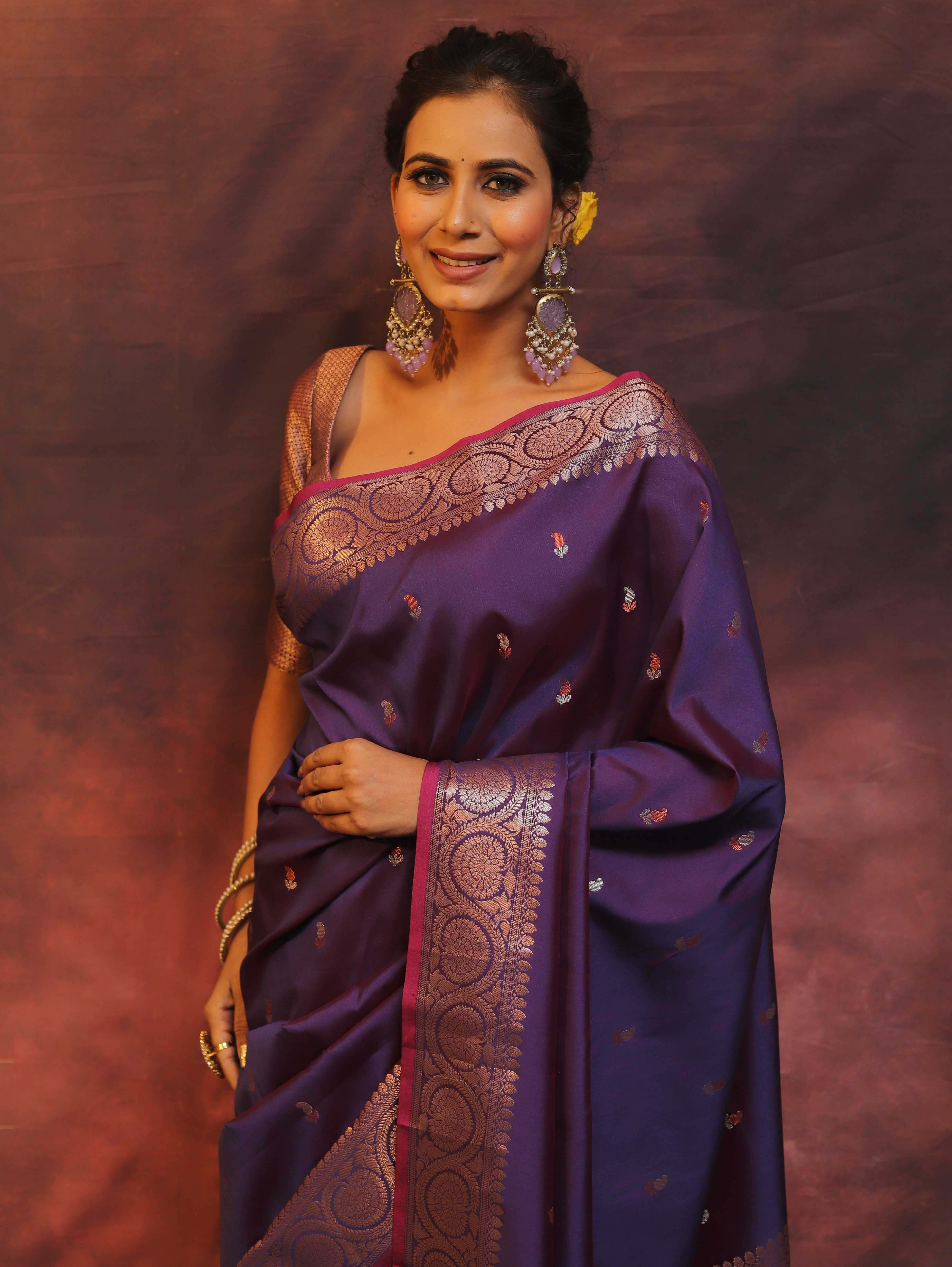 Banarasee Handwoven Semi Silk Saree With Zari Buti Design-Violet (Dual Tone)