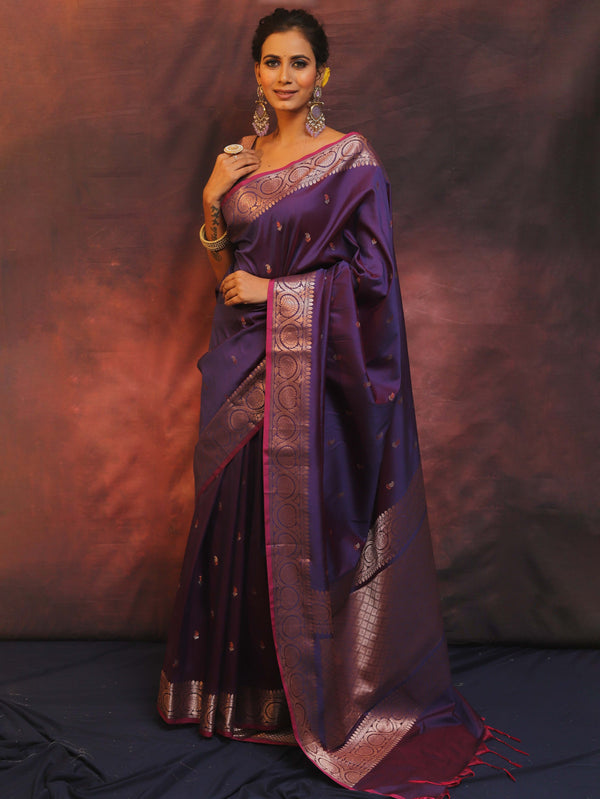 Banarasee Handwoven Semi Silk Saree With Zari Buti Design-Violet (Dual Tone)