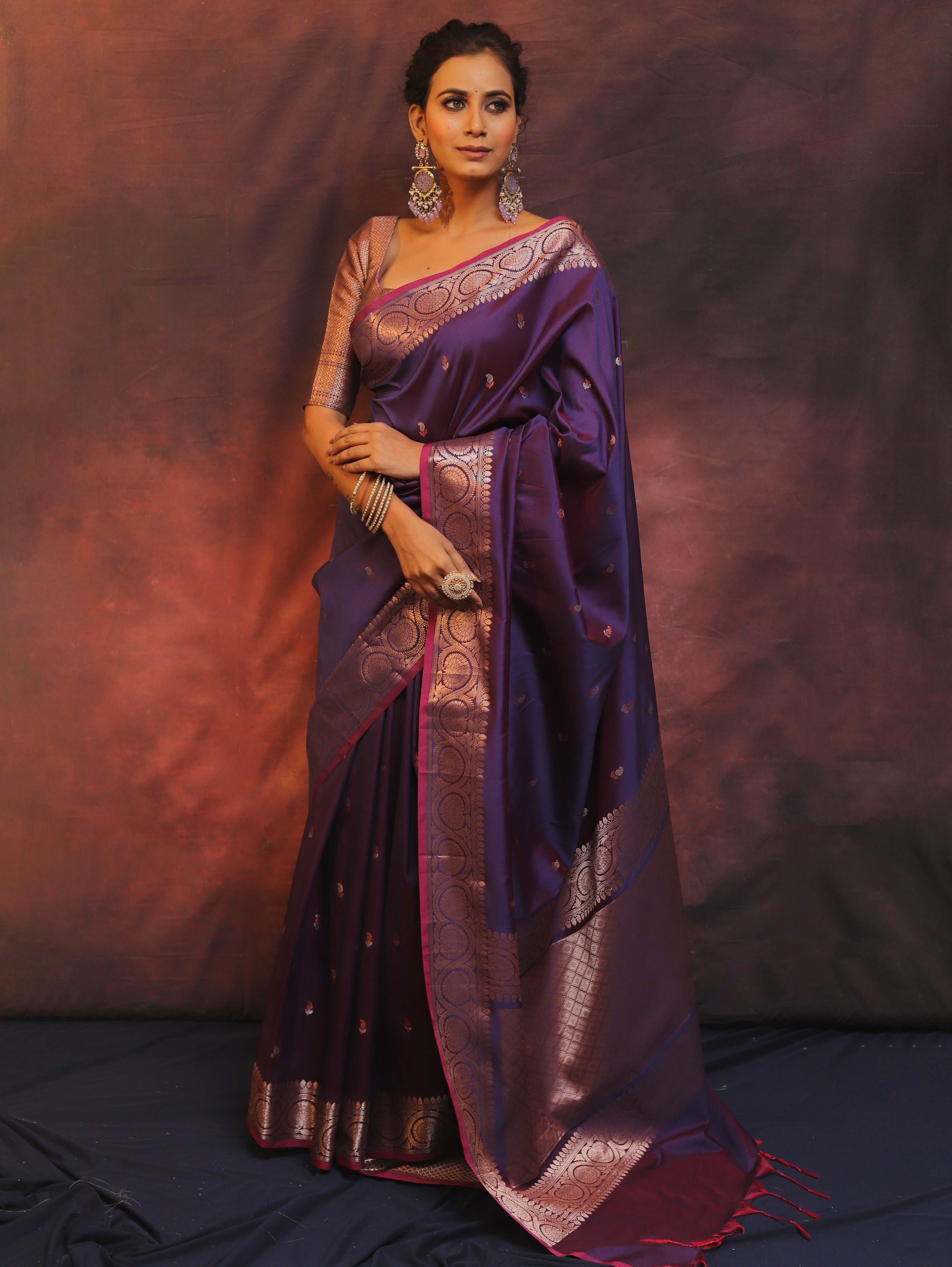 Banarasee Handwoven Semi Silk Saree With Zari Buti Design-Violet (Dual Tone)