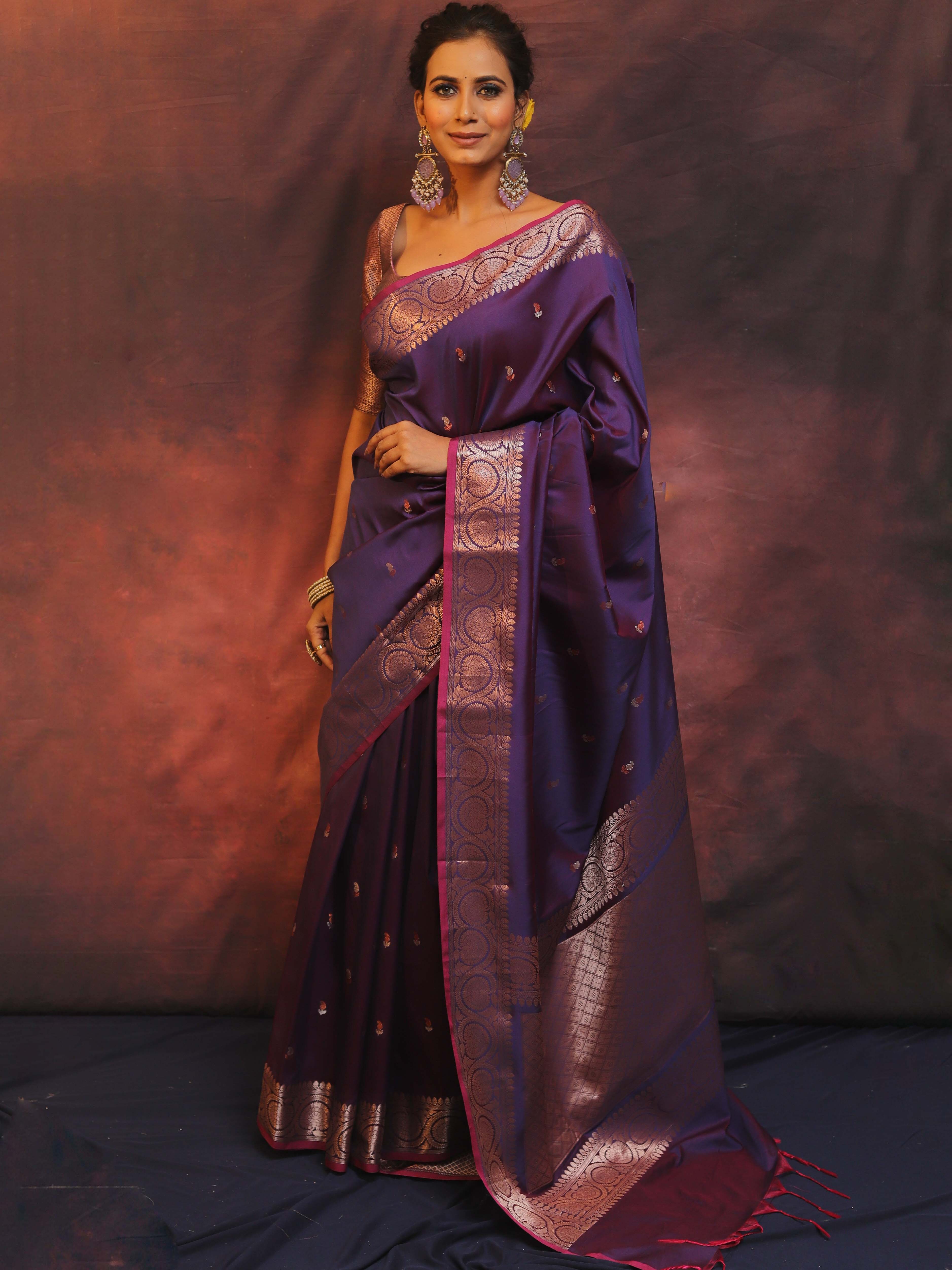 Banarasee Handwoven Semi Silk Saree With Zari Buti Design-Violet (Dual Tone)