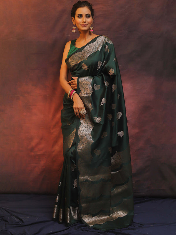 Banarasee Handwoven Semi Silk Saree With Zari Buti Design-Green