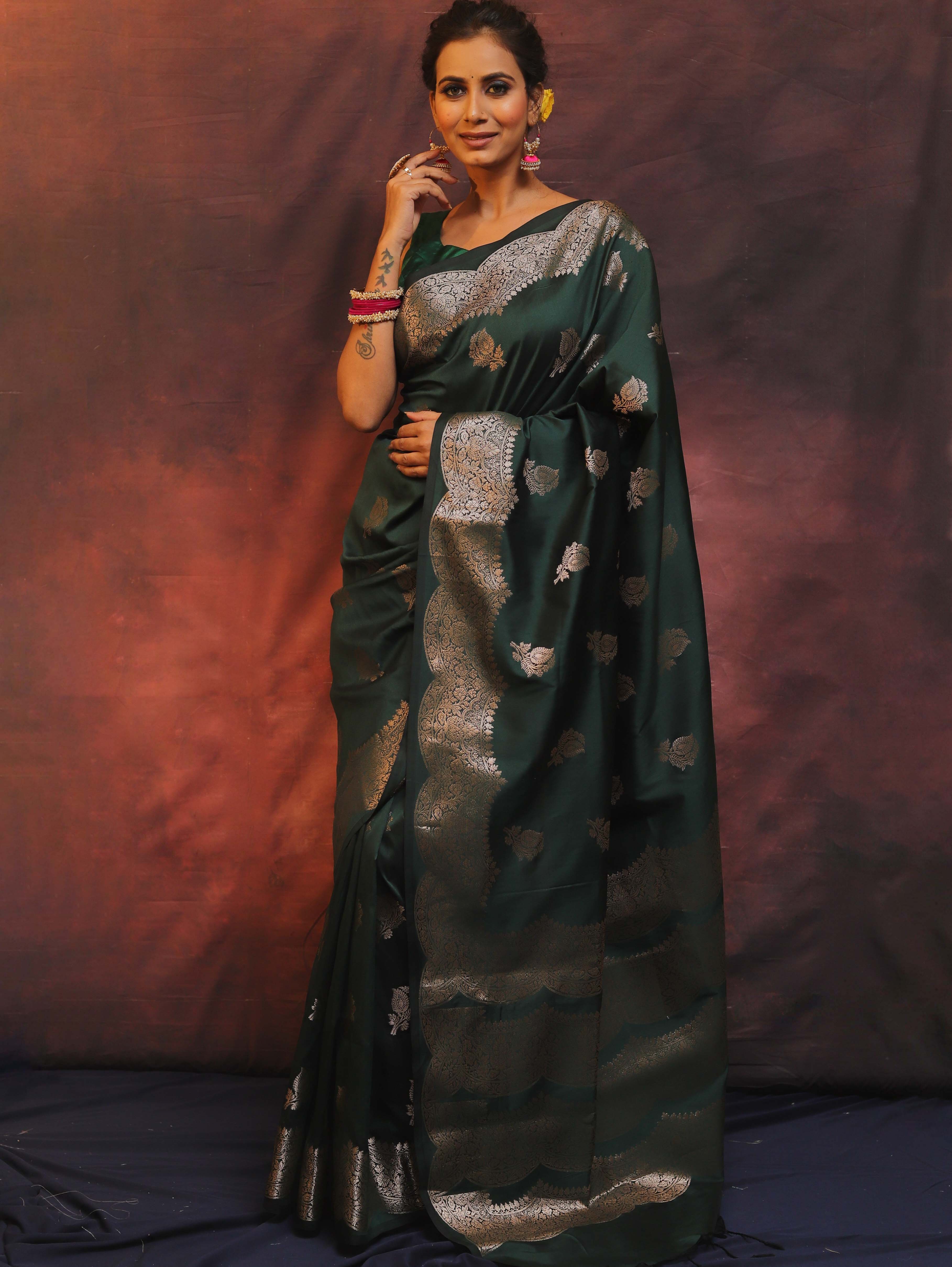 Banarasee Handwoven Semi Silk Saree With Zari Buti Design-Green