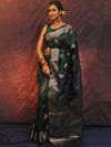 Banarasee Handwoven Semi Silk Saree With Zari Buti Design-Green