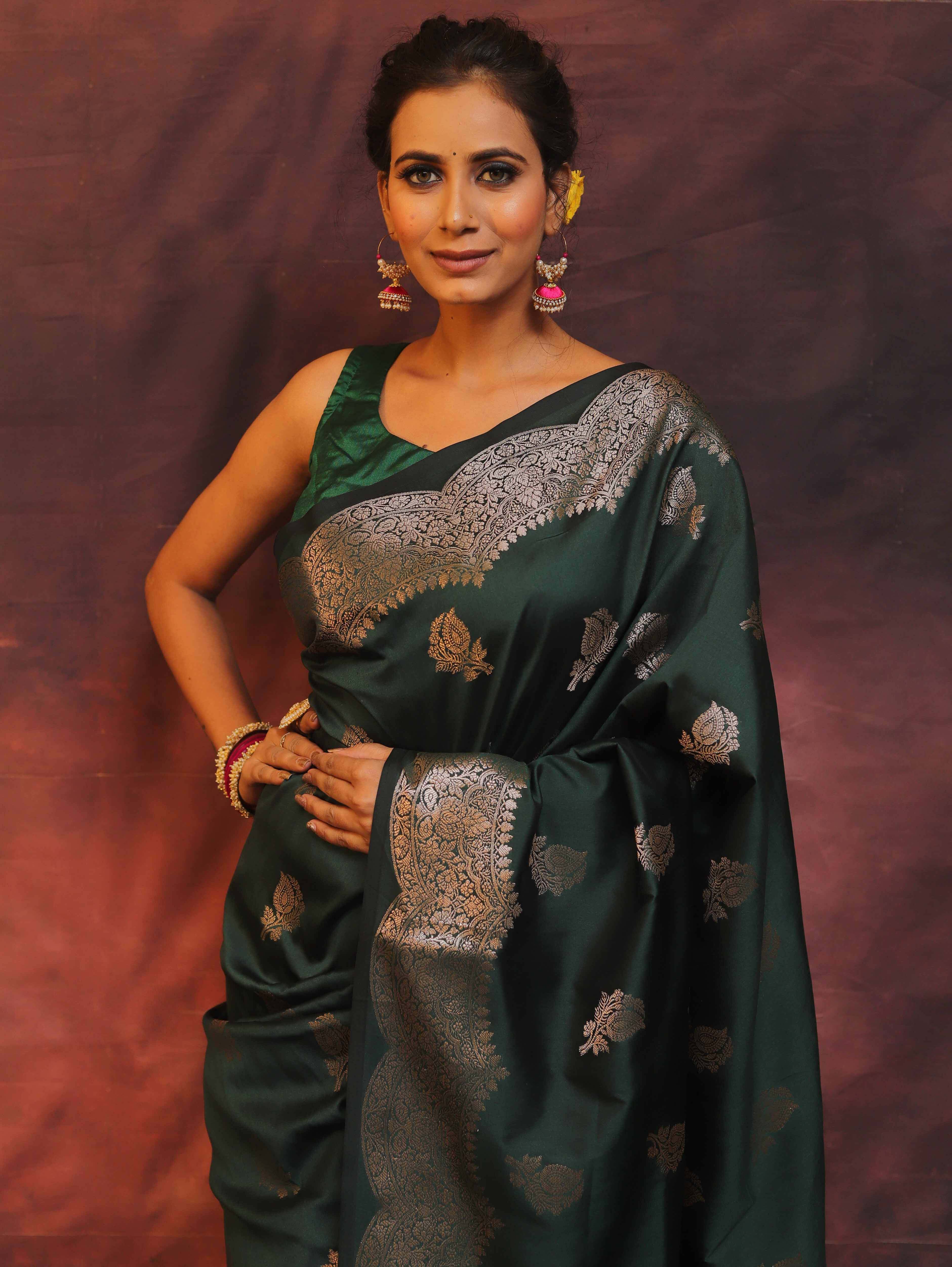 Banarasee Handwoven Semi Silk Saree With Zari Buti Design-Green