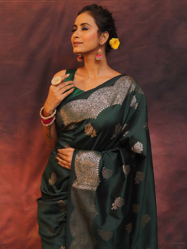 Banarasee Handwoven Semi Silk Saree With Zari Buti Design-Green