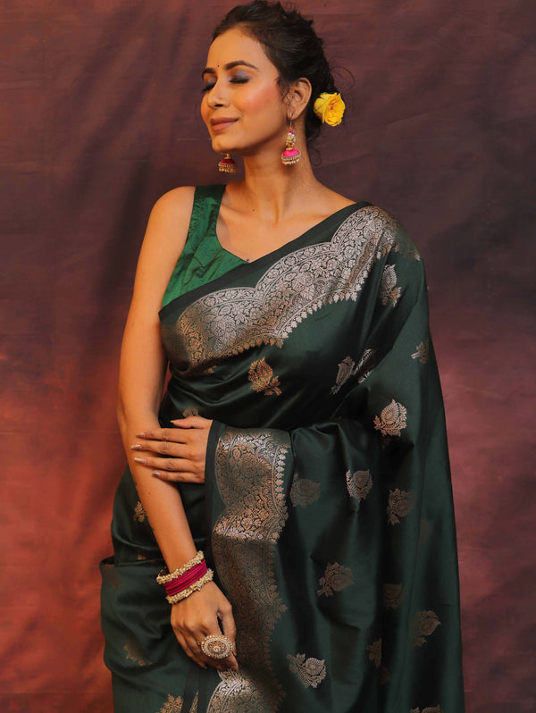 Banarasee Handwoven Semi Silk Saree With Zari Buti Design-Green