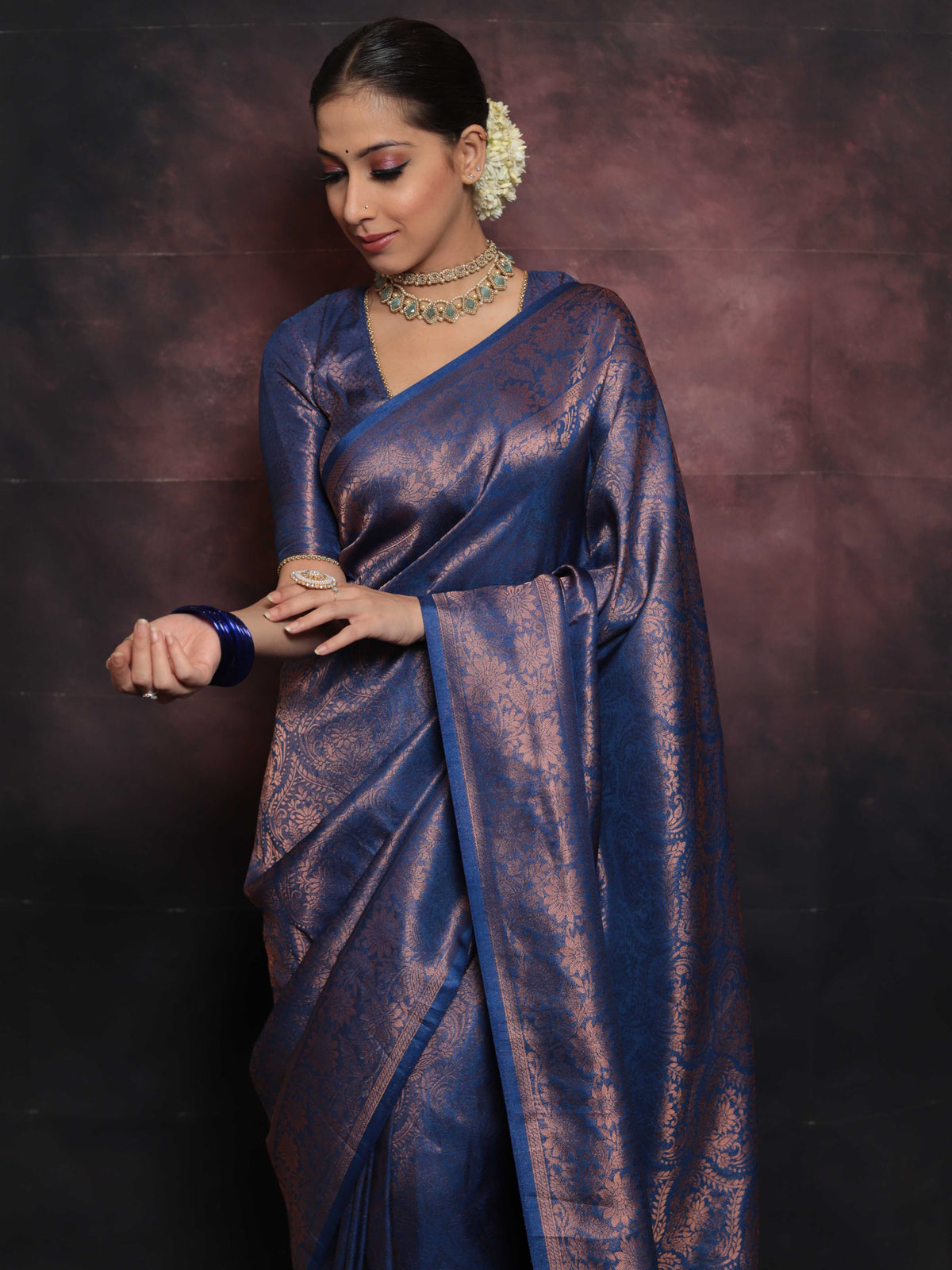 Banarasee Kubera Pattu Soft Silk Saree With Copper Zari Work- Deep Blu