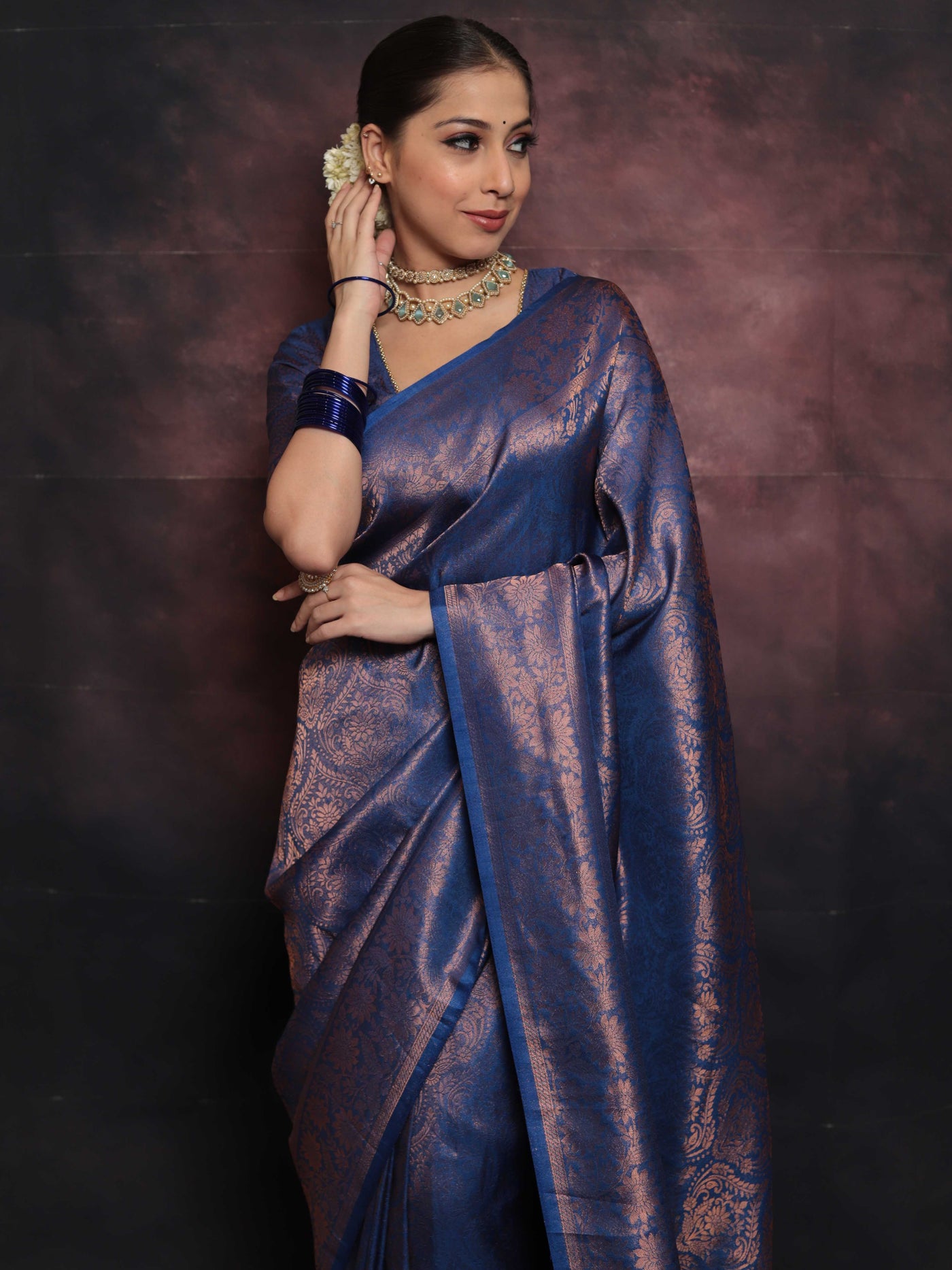 Banarasee Kubera Pattu Soft Silk Saree With Copper Zari Work- Deep Blu