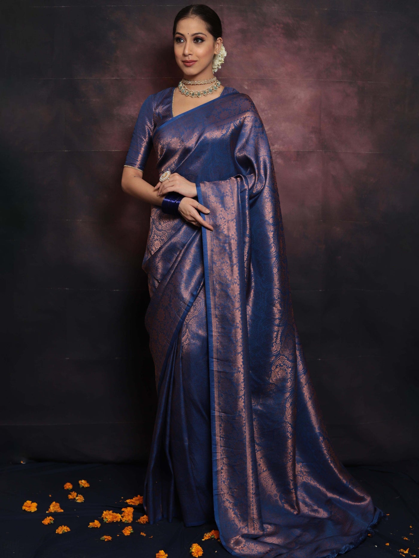 Banarasee Kubera Pattu Soft Silk Saree With Copper Zari Work- Deep Blu