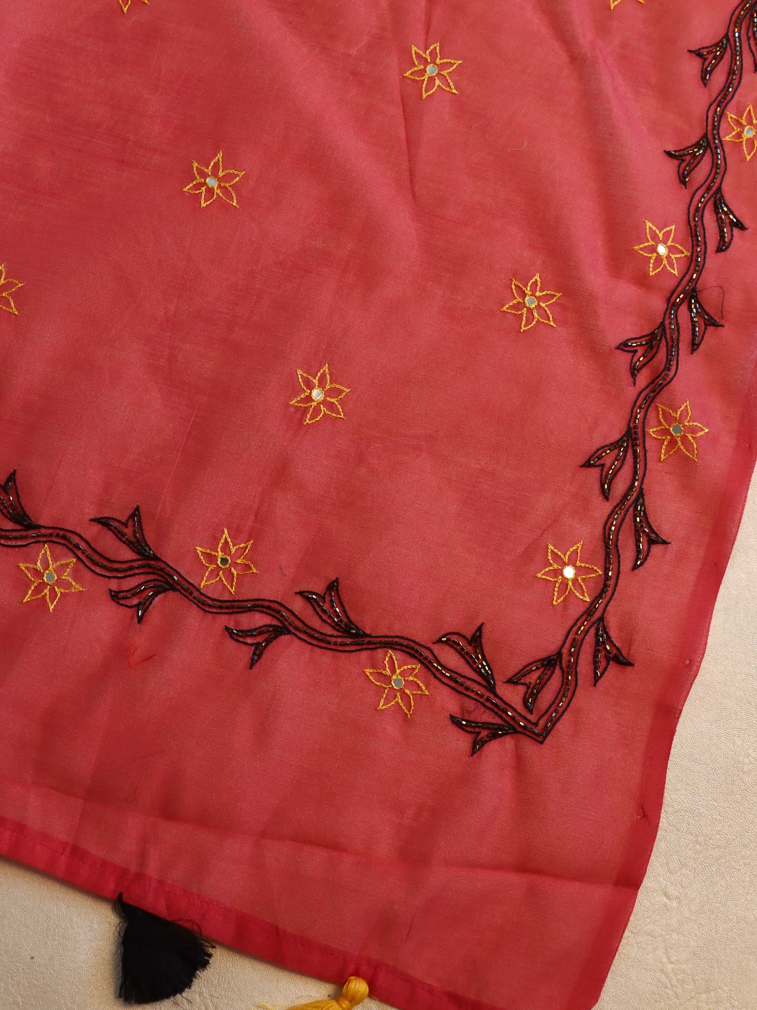 Banarasee Chanderi Cotton Hand-Embroidered Saree-Red