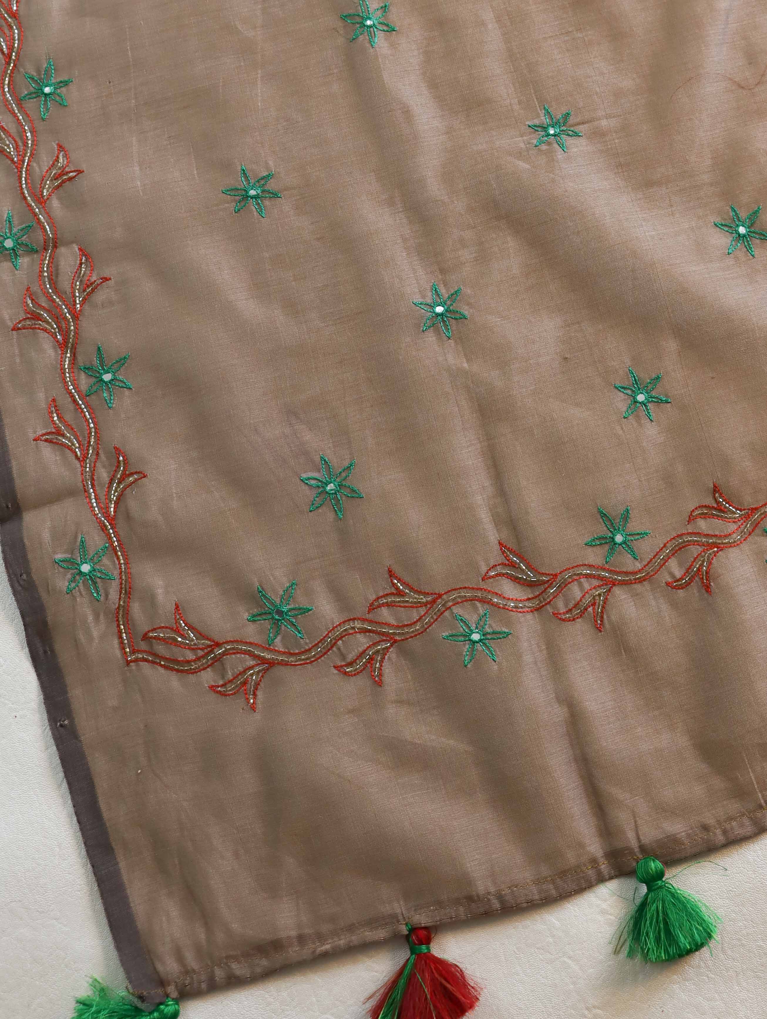 Banarasee Chanderi Cotton Hand-Embroidered Saree-Brown