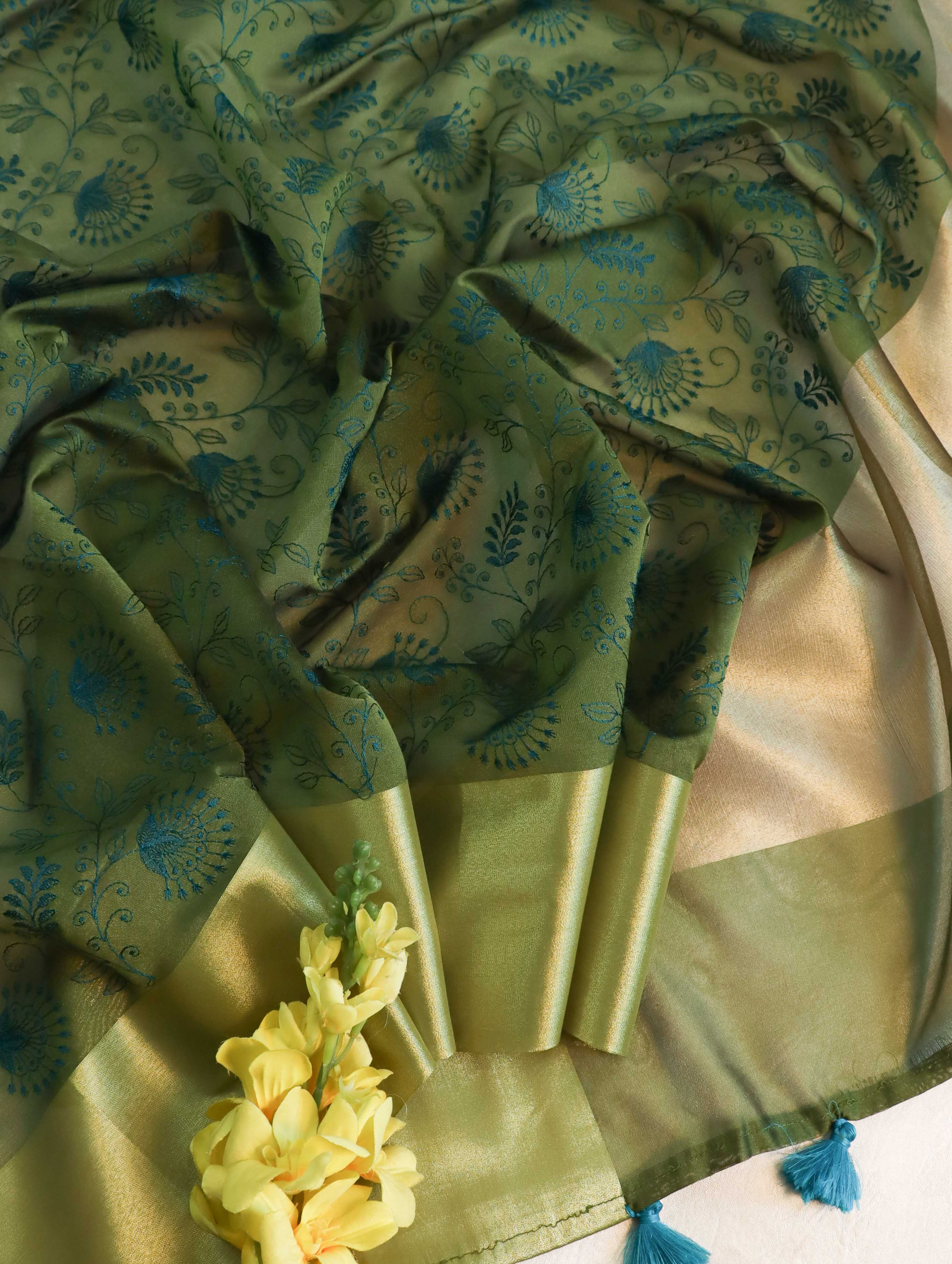 Banarasee Chanderi Cotton Floral Hand-Embroidered Saree-Olive Green