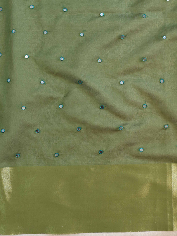 Banarasee Chanderi Cotton Floral Hand-Embroidered Saree-Olive Green