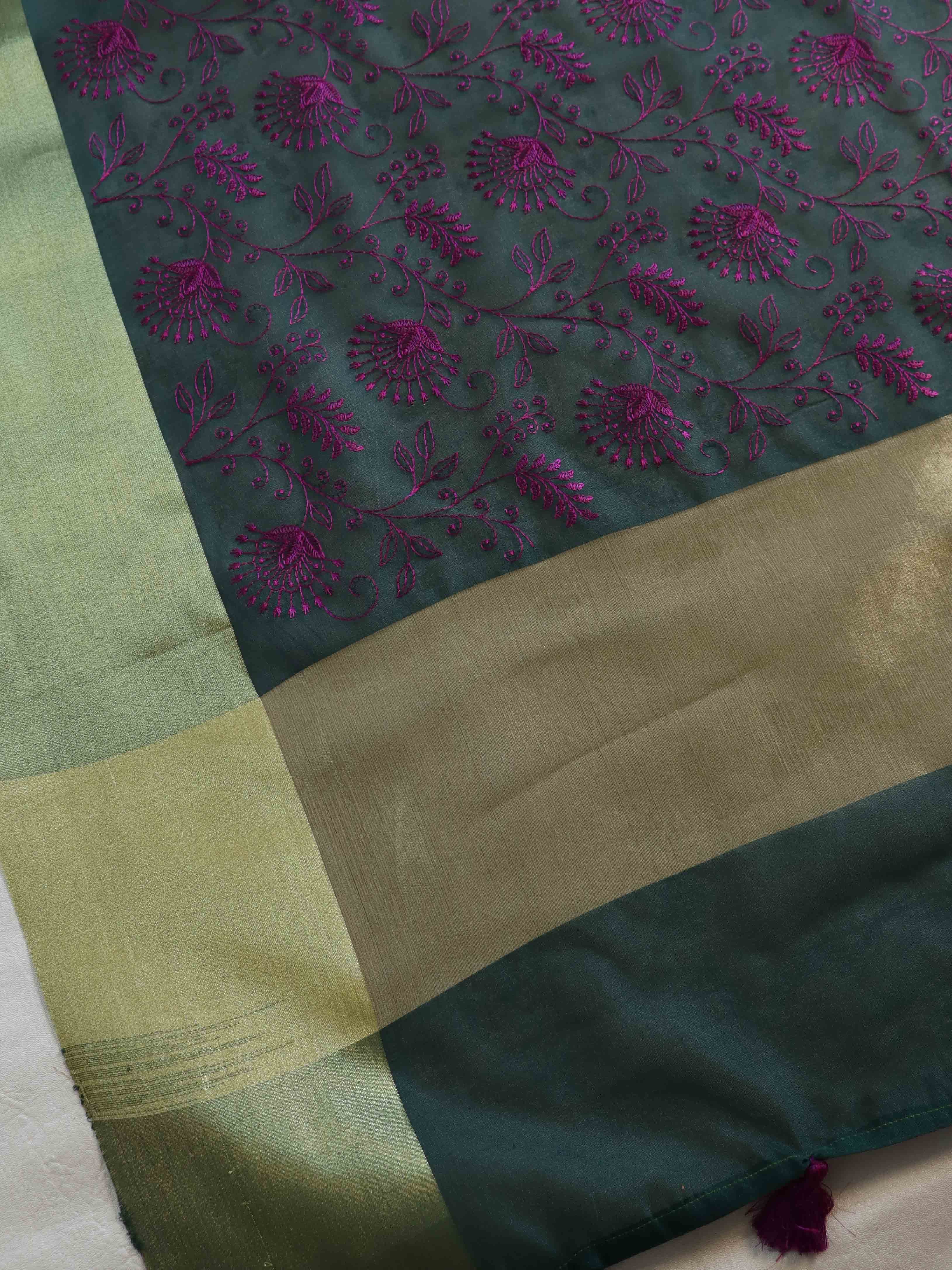 Banarasee Chanderi Cotton Floral Hand-Embroidered Saree-Green