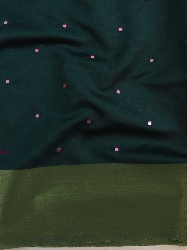 Banarasee Chanderi Cotton Floral Hand-Embroidered Saree-Green