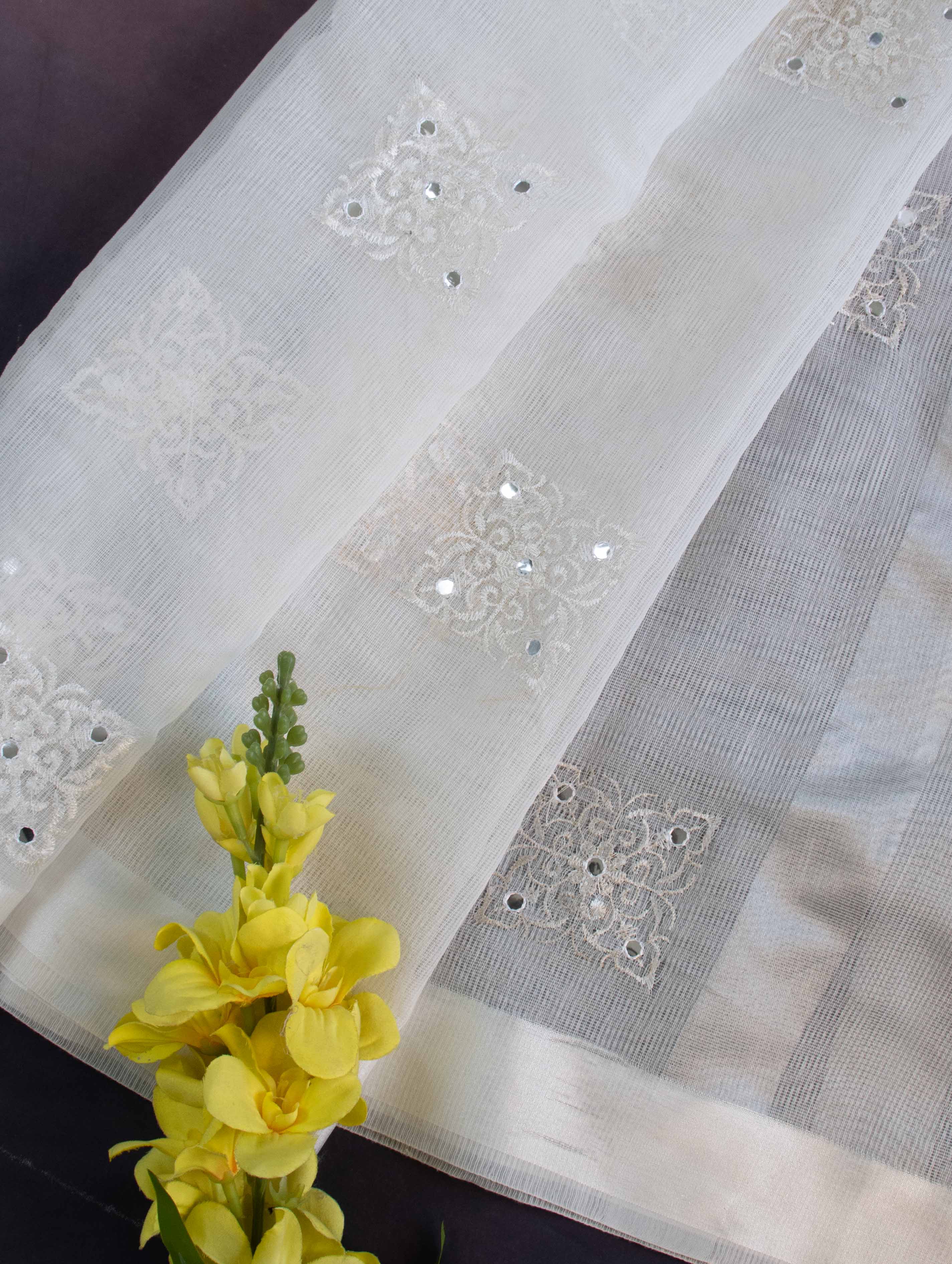 Banarasee Cotton Silk Kota Check Embroidered Buta & Mirror Work Dupatta-White