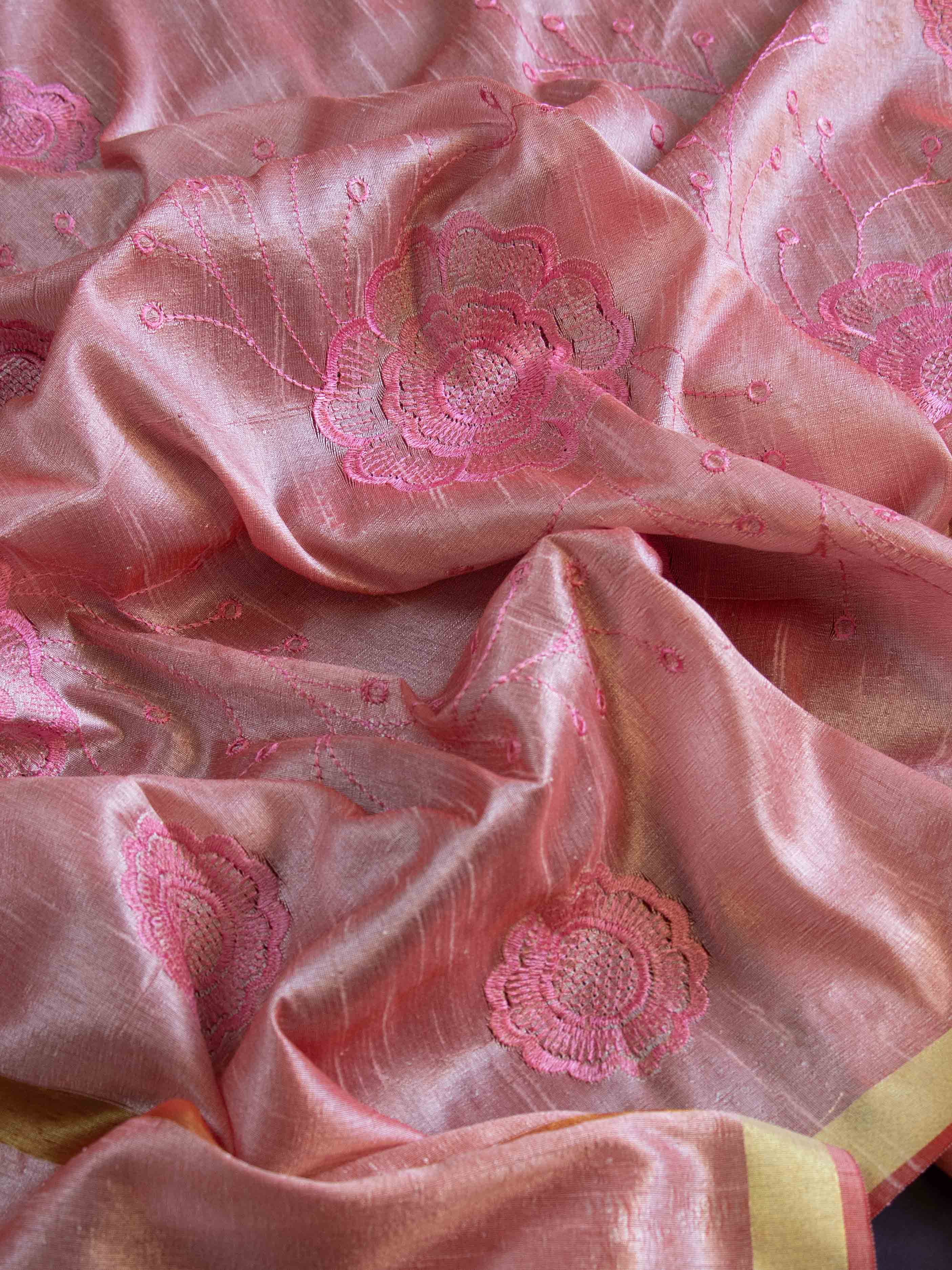 Banarasee Cotton Silk Embroidered Floral Design Dupatta-Pink