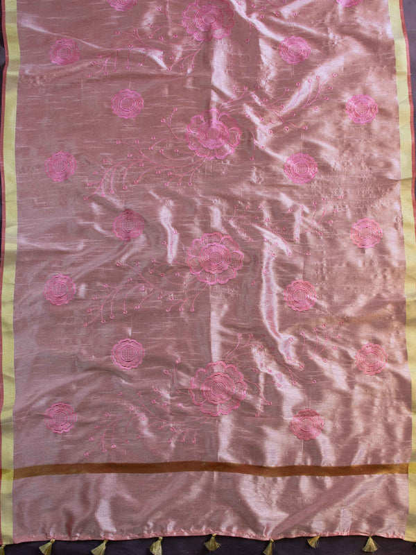 Banarasee Cotton Silk Embroidered Floral Design Dupatta-Pink