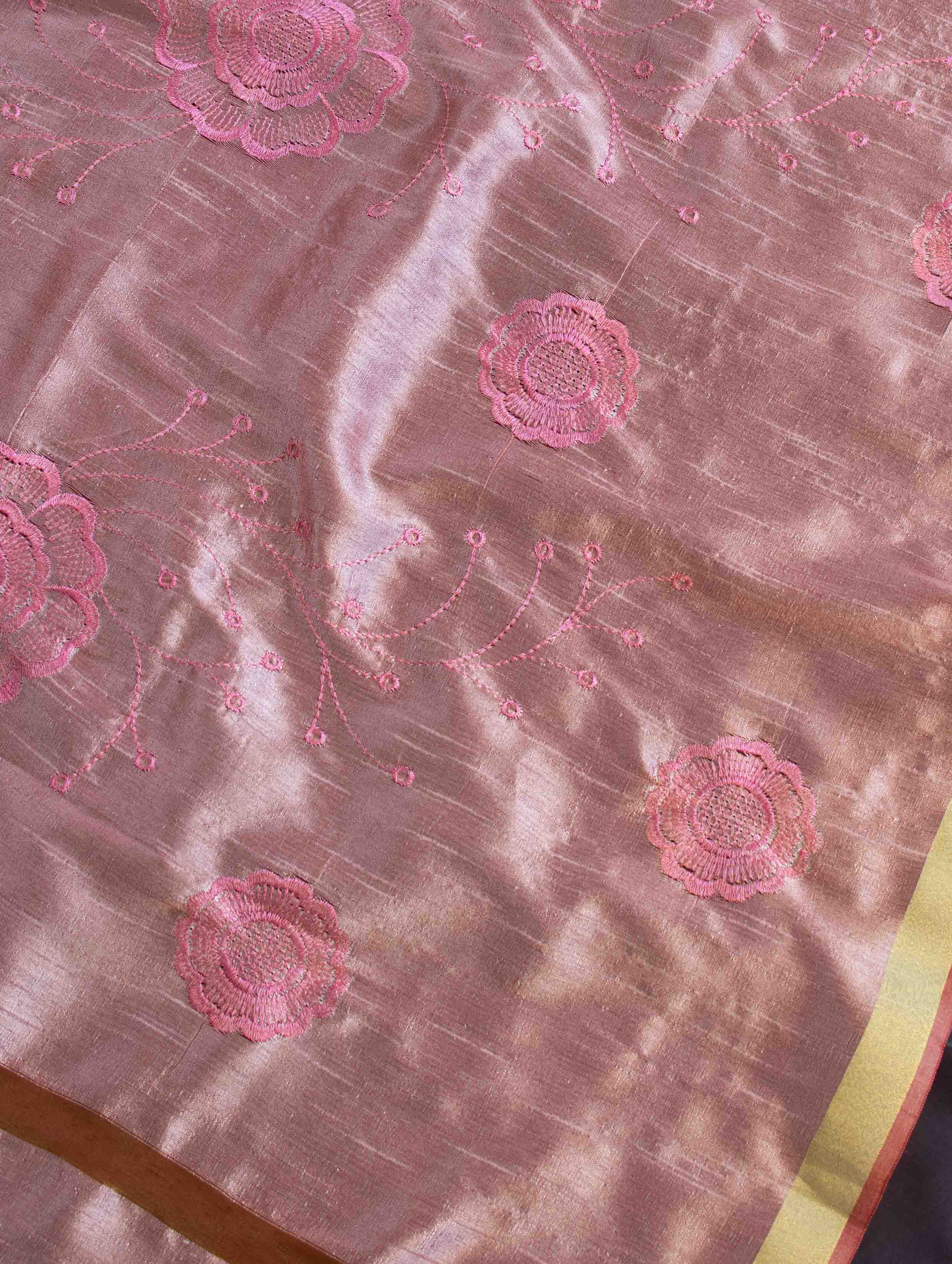 Banarasee Cotton Silk Embroidered Floral Design Dupatta-Pink