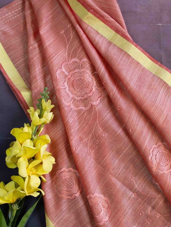 Banarasee Cotton Silk Embroidered Floral Design Dupatta-Peach