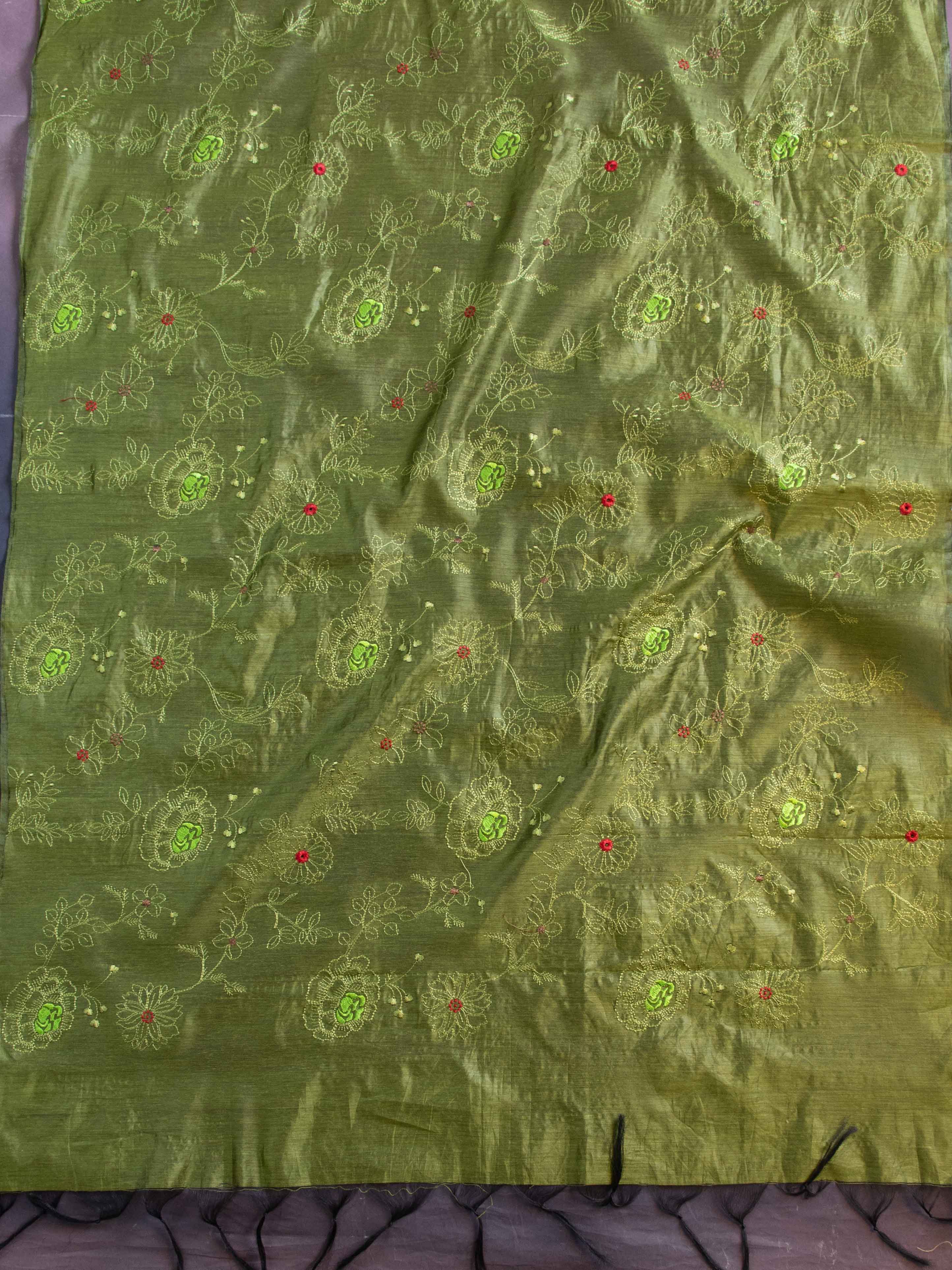 Banarasee Cotton Silk Embroidered Jaal Design Dupatta-Olive Green