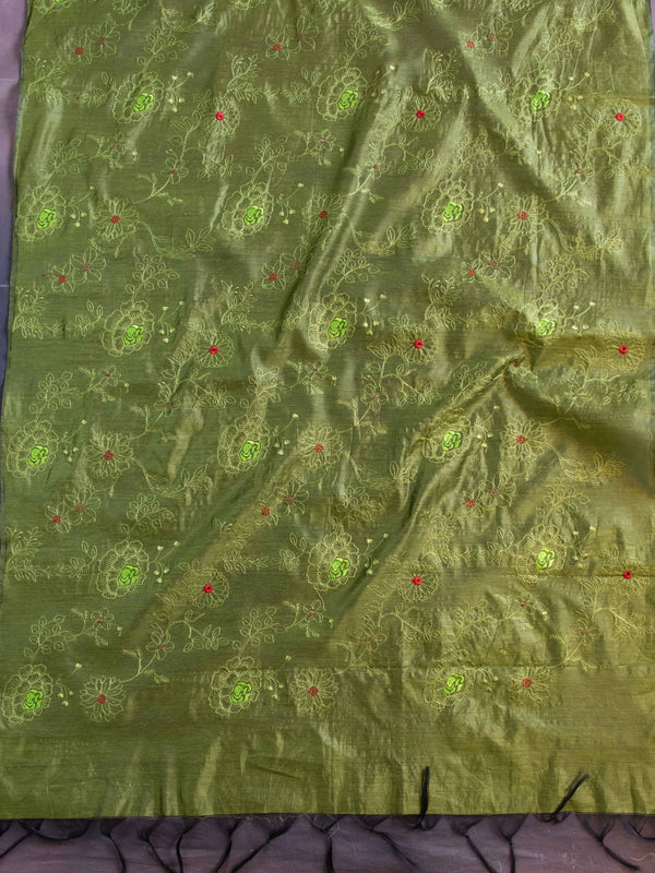 Banarasee Cotton Silk Embroidered Jaal Design Dupatta-Olive Green