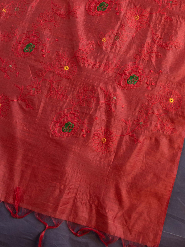 Banarasee Cotton Silk Embroidered Jaal Design Dupatta-Red