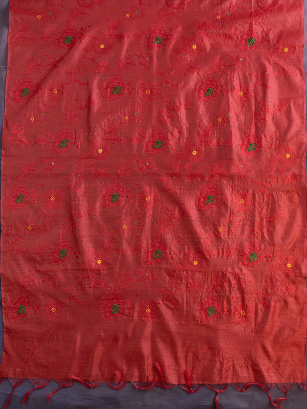 Banarasee Cotton Silk Embroidered Jaal Design Dupatta-Red