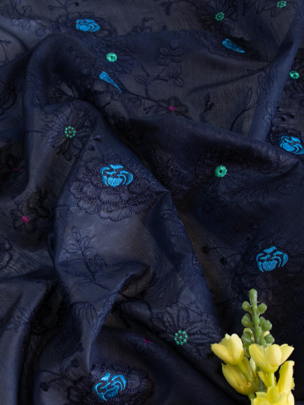 Banarasee Cotton Silk Embroidered Jaal Design Dupatta-Blue