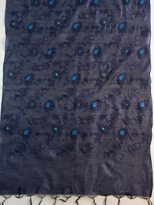 Banarasee Cotton Silk Embroidered Jaal Design Dupatta-Blue