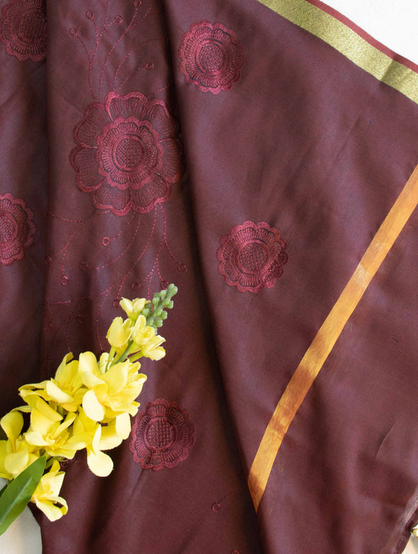 Banarasee Cotton Silk Embroidered Floral Design Dupatta-Wine