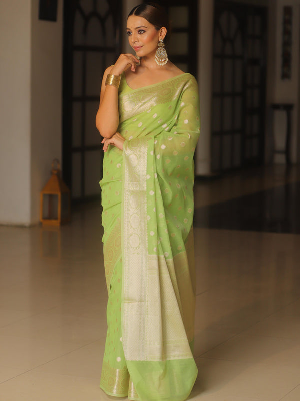 Banarasee Cotton Silk Zari Border & Buti Saree-Light Green