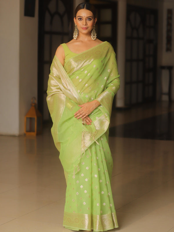 Banarasee Cotton Silk Zari Border & Buti Saree-Light Green