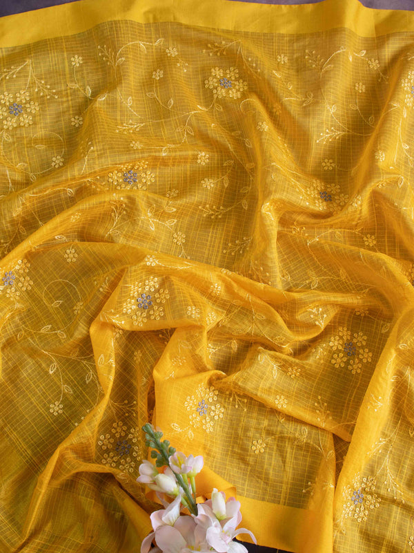 Banarasee Cotton Silk Embroidered Jaal Design Dupatta-Yellow