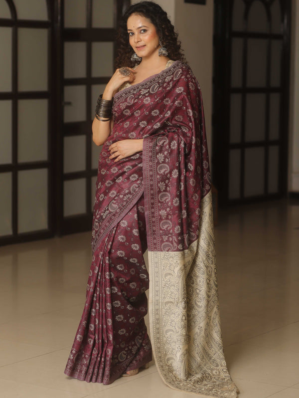 Banarasee Patola Semi Silk Saree With Floral Design Contrast Pallu-Wine