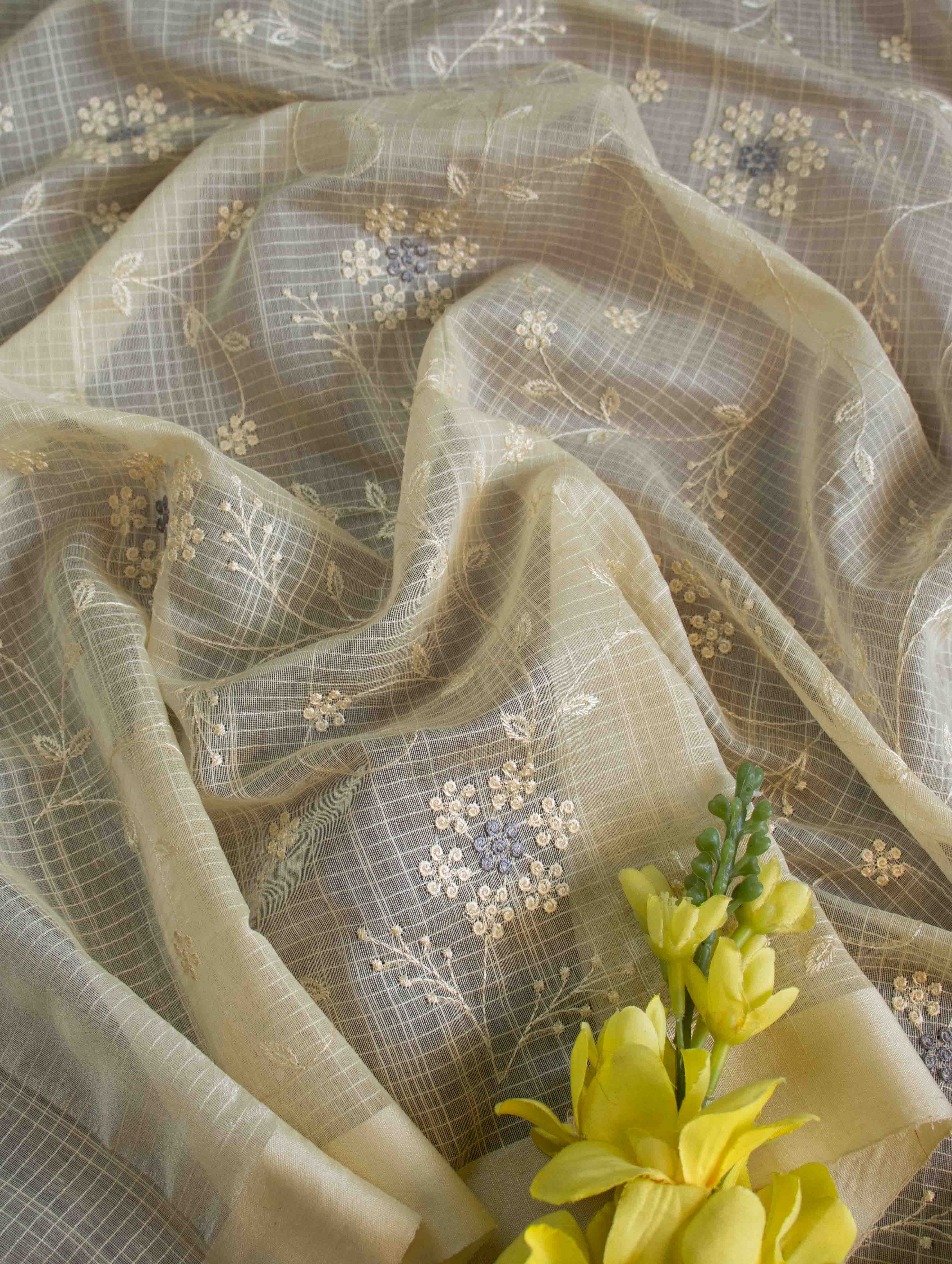 Banarasee Cotton Silk Embroidered Jaal Design Dupatta-Cream