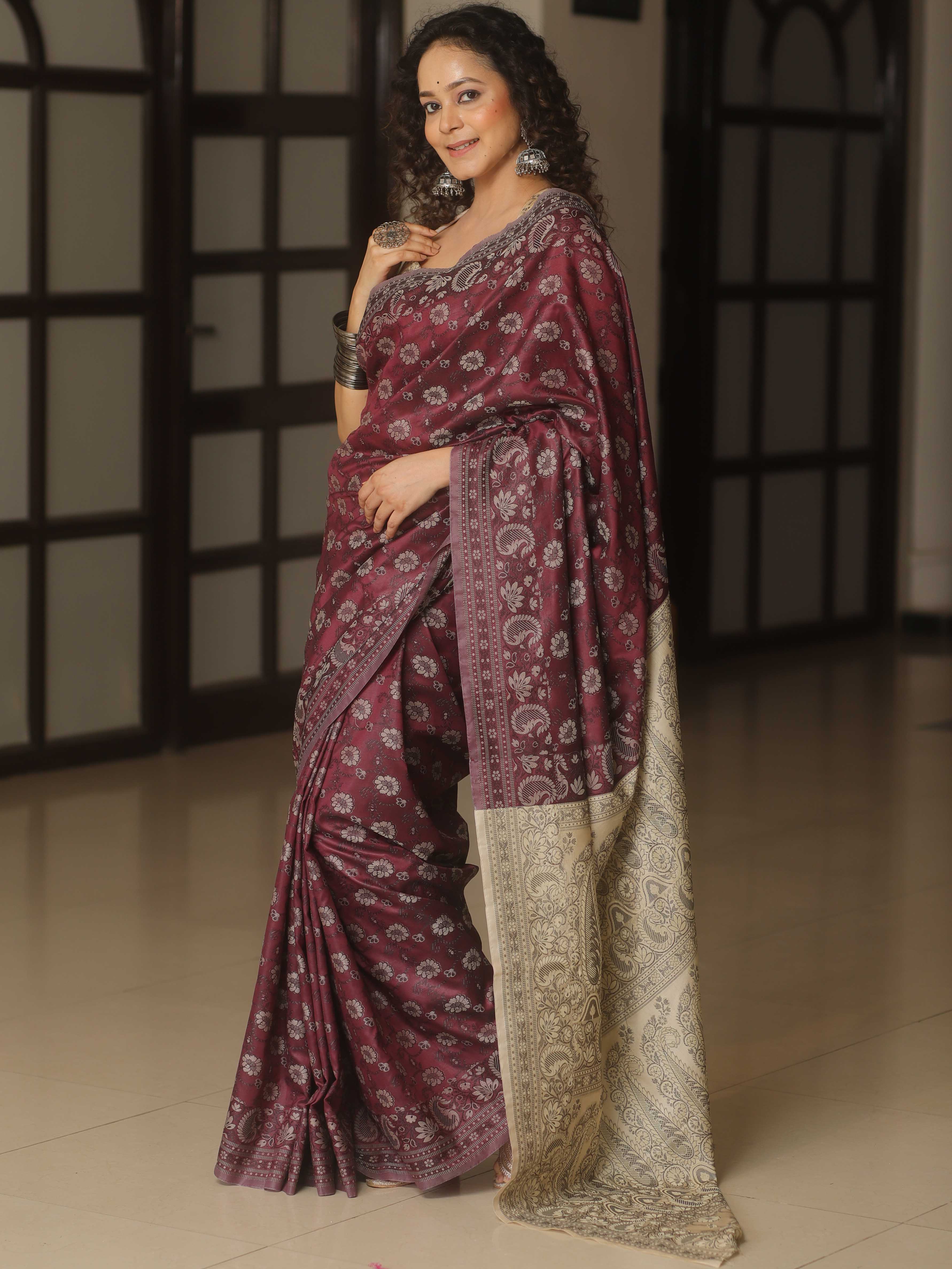 Banarasee Patola Semi Silk Saree With Floral Design Contrast Pallu-Wine