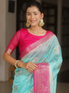 Banarasee Handloom Semi-Dupion Saree With Contrast Border & Gold Zari-Light Blue & Pink