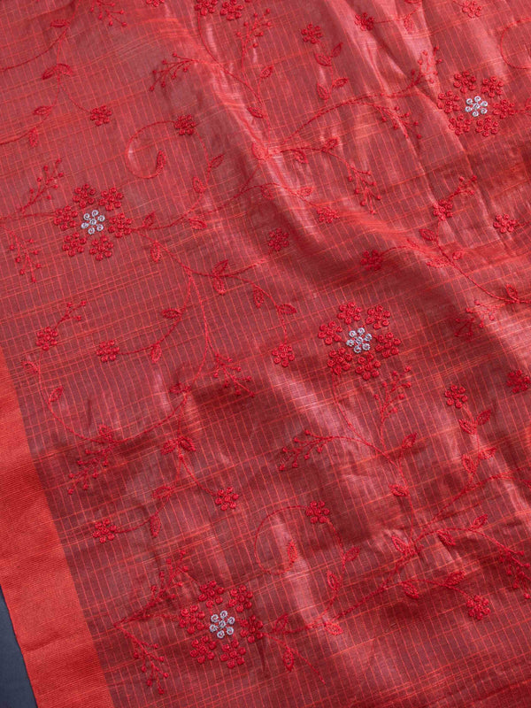 Banarasee Cotton Silk Embroidered Jaal Design Dupatta-Red