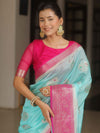 Banarasee Handloom Semi-Dupion Saree With Contrast Border & Gold Zari-Light Blue & Pink