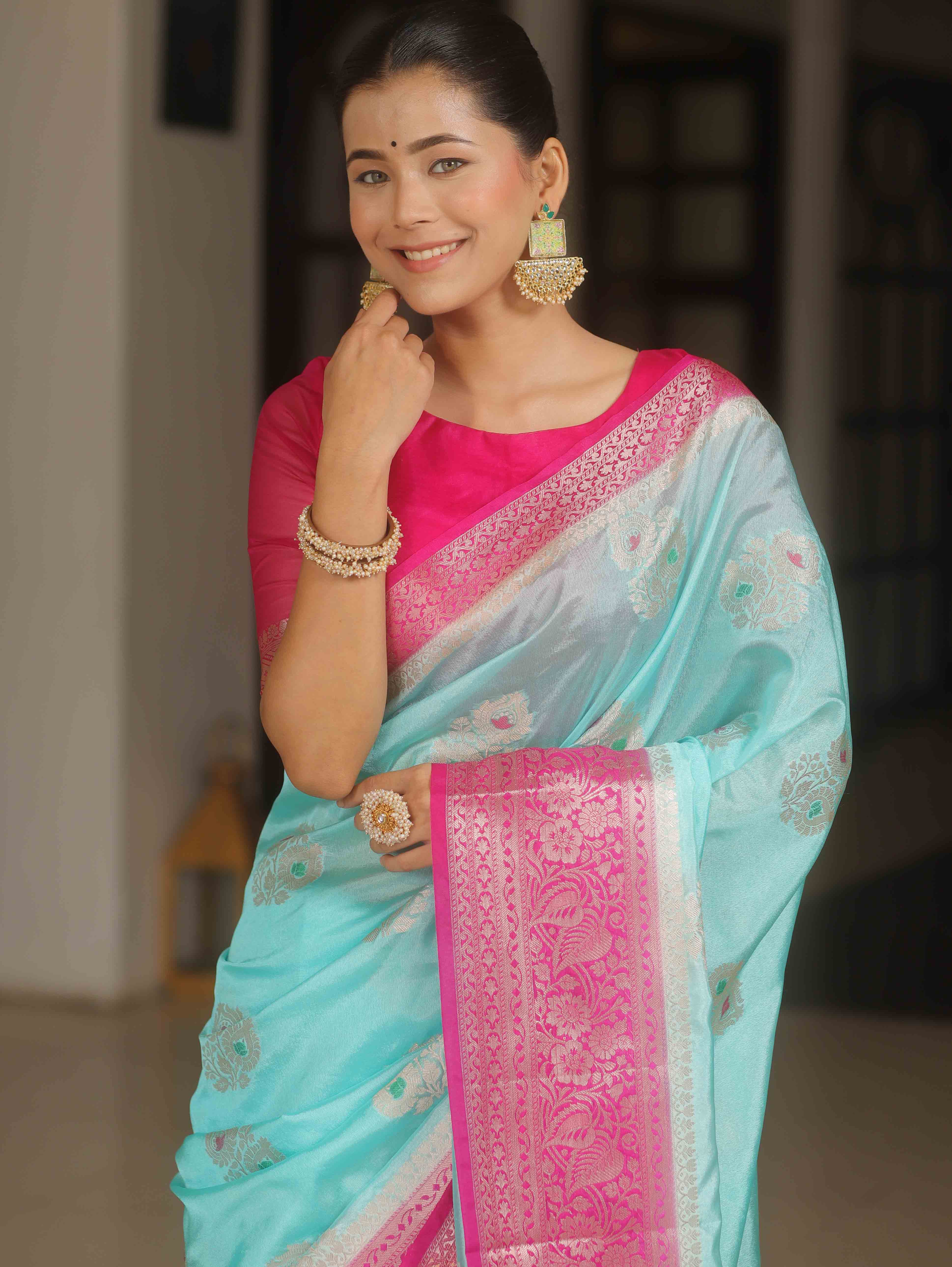 Banarasee Handloom Semi-Dupion Saree With Contrast Border & Gold Zari-Light Blue & Pink